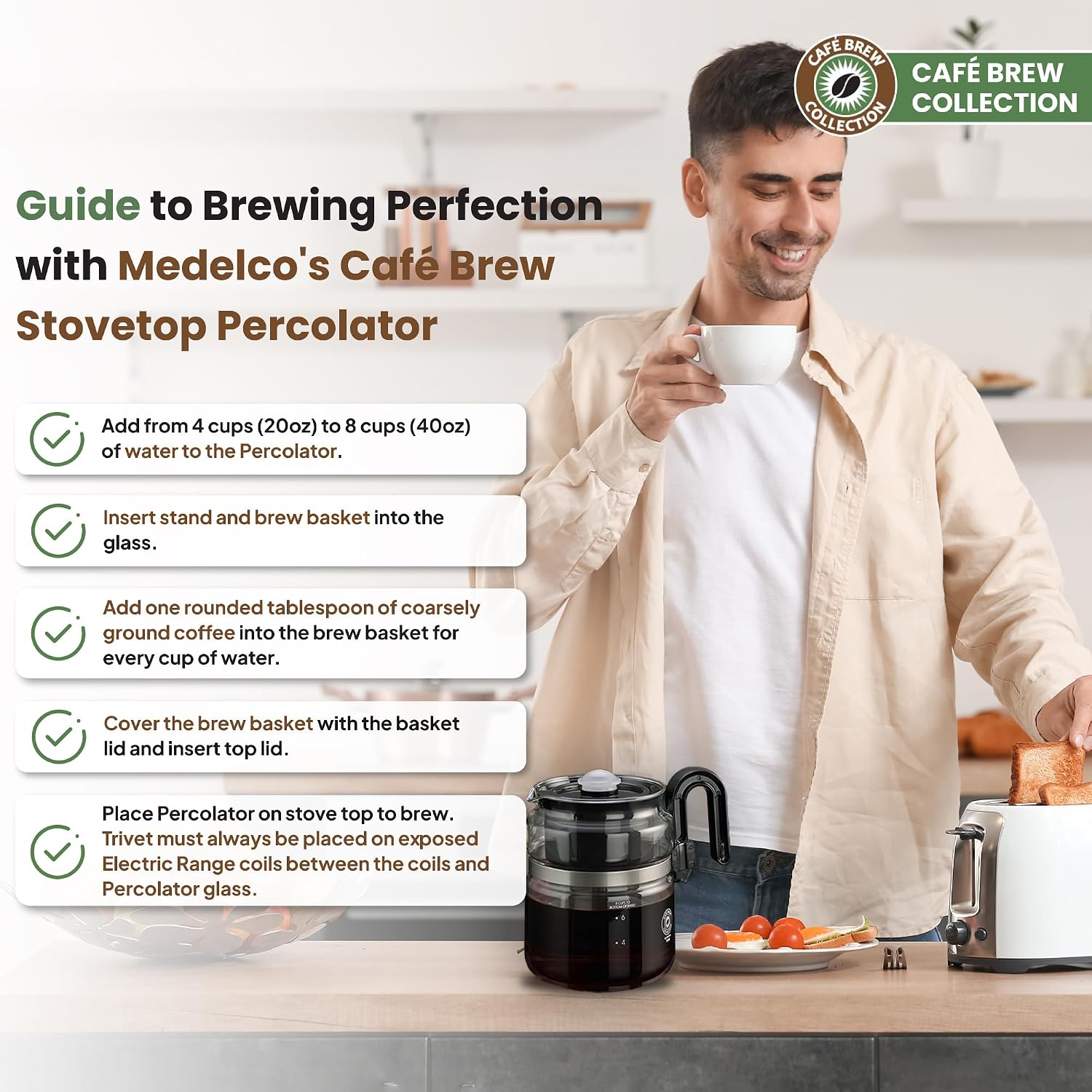 Borosilicate Glass Stovetop Coffee Percolator, 8-Cup, BPA-Free