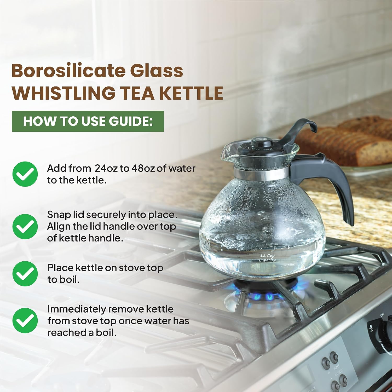 Borosilicate Glass Whistling Tea Kettle, 12-Cup, Stovetop Safe