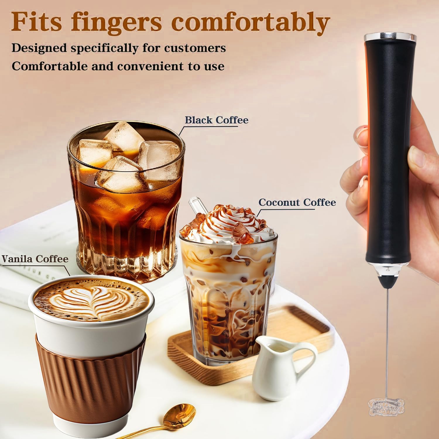 Rechargeable Handheld Milk Frother with Stand and Two Whisks