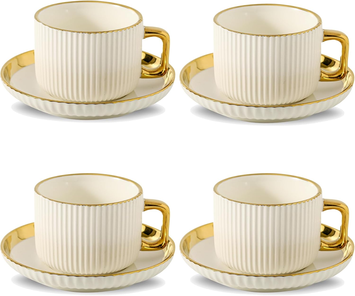 Cappuccino Cups and Saucers with Gold Rim, Set of 4, 8 oz