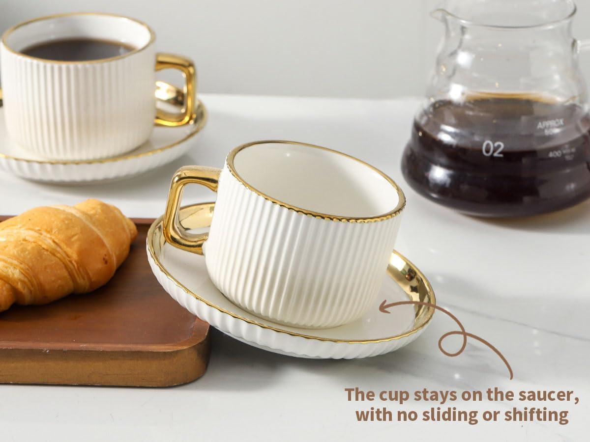 Cappuccino Cups and Saucers with Gold Rim, Set of 4, 8 oz