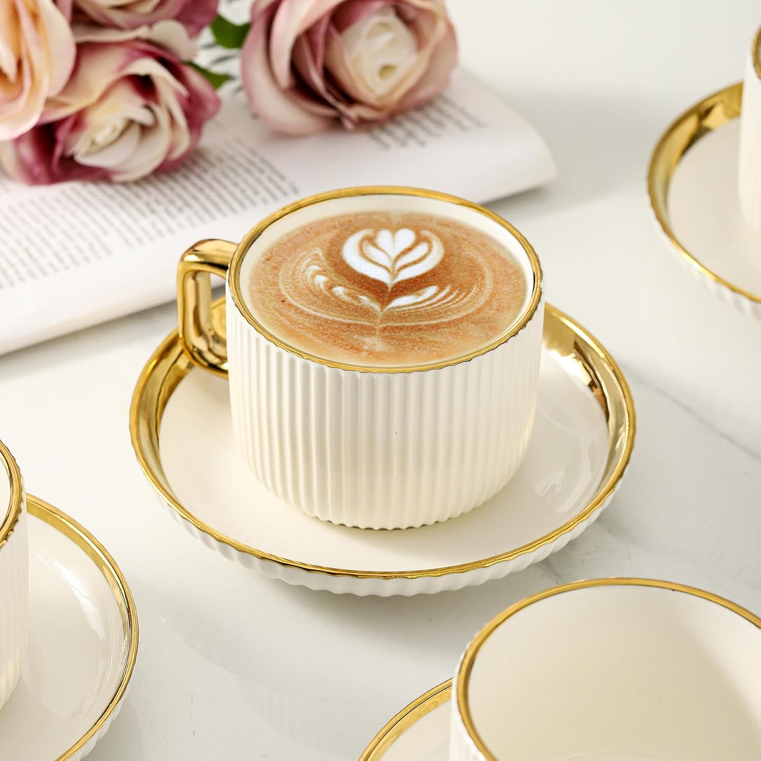 Cappuccino Cups and Saucers with Gold Rim, Set of 4, 8 oz
