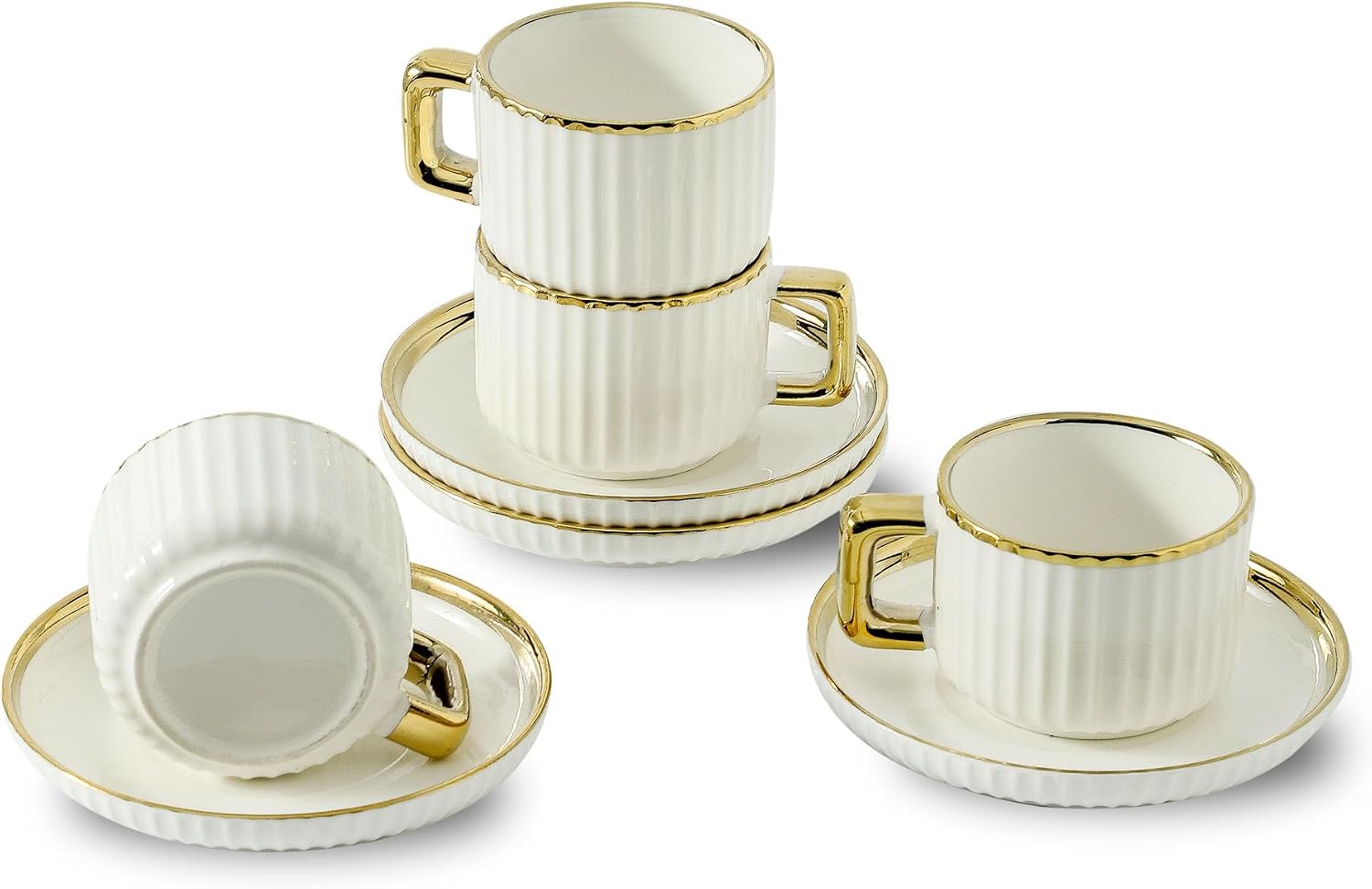 Cappuccino Cups and Saucers with Gold Rim, Set of 4, 8 oz