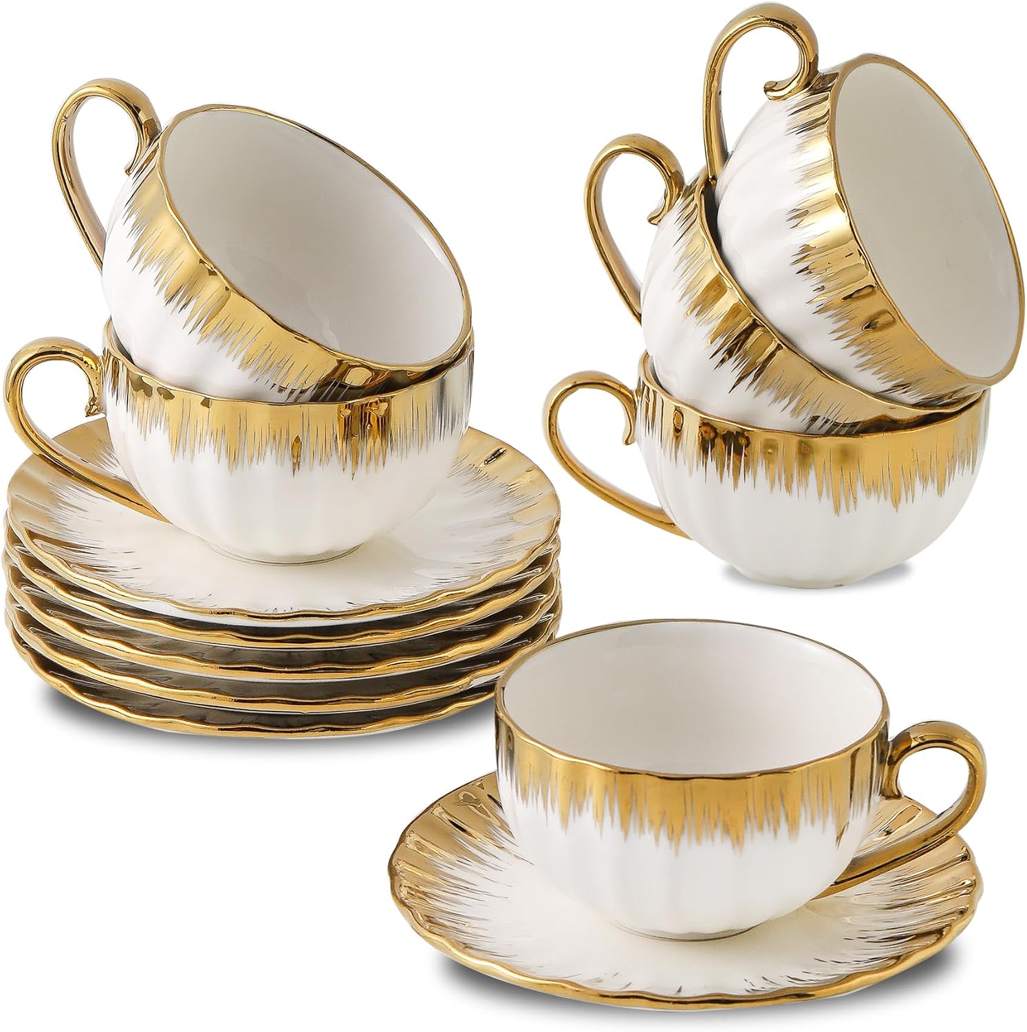 Porcelain Cappuccino Cups and Saucers with Gold Rim, Set of 6, 7 oz