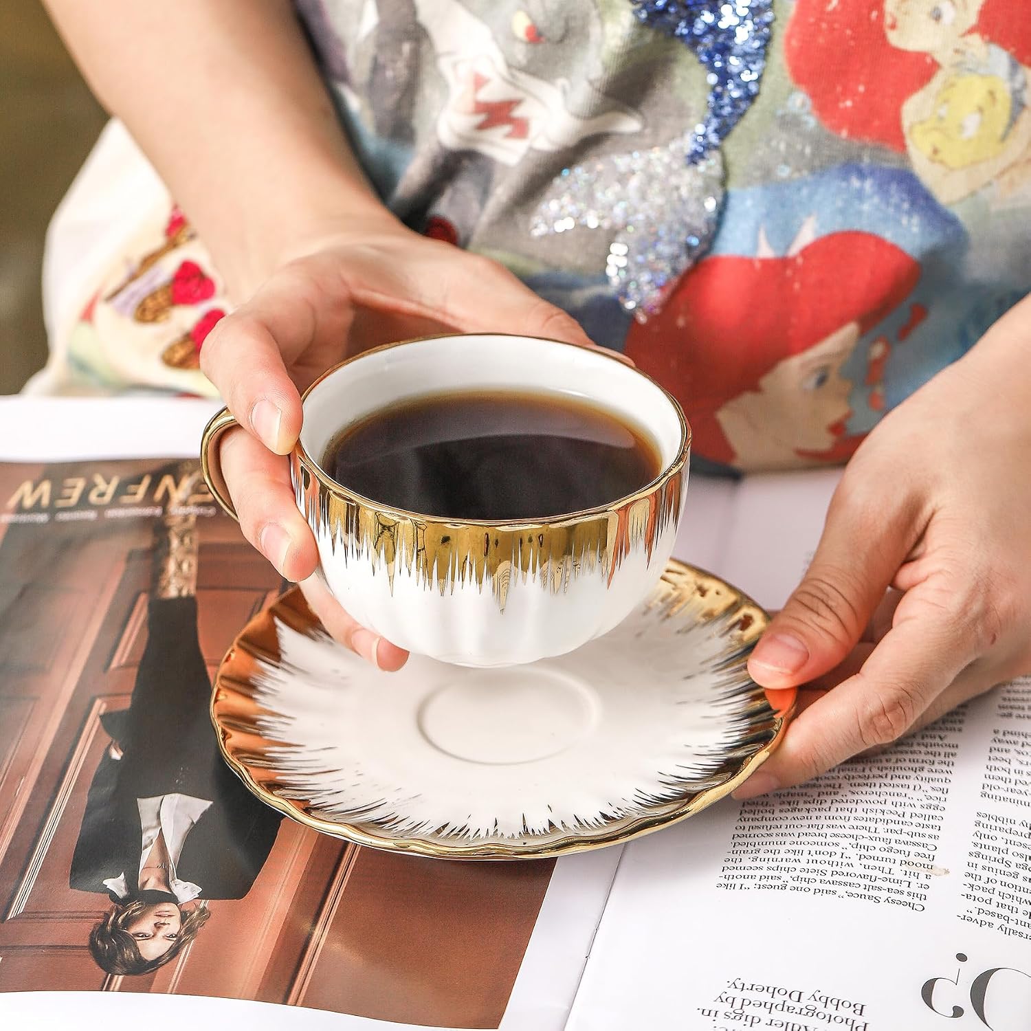 Porcelain Cappuccino Cups and Saucers with Gold Rim, Set of 6, 7 oz