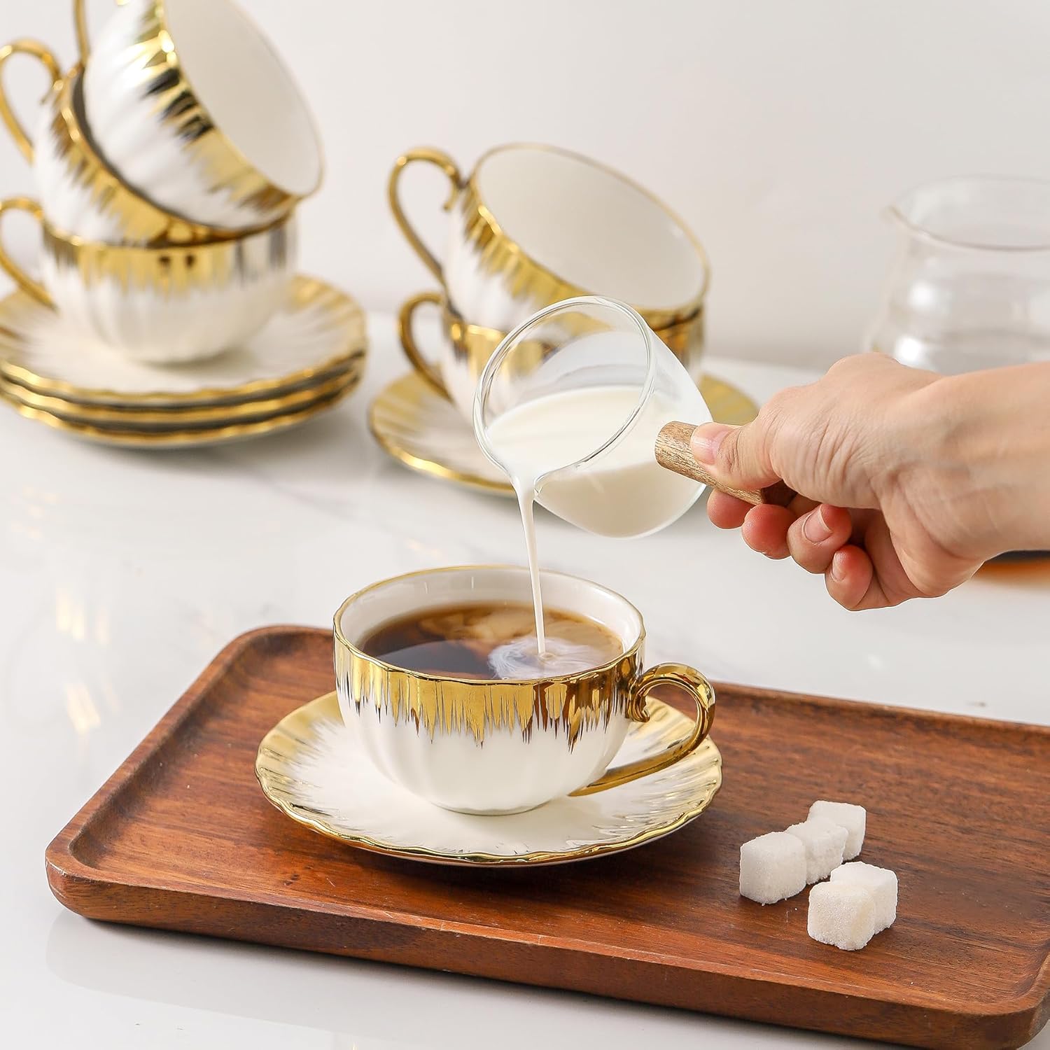 Porcelain Cappuccino Cups and Saucers with Gold Rim, Set of 6, 7 oz