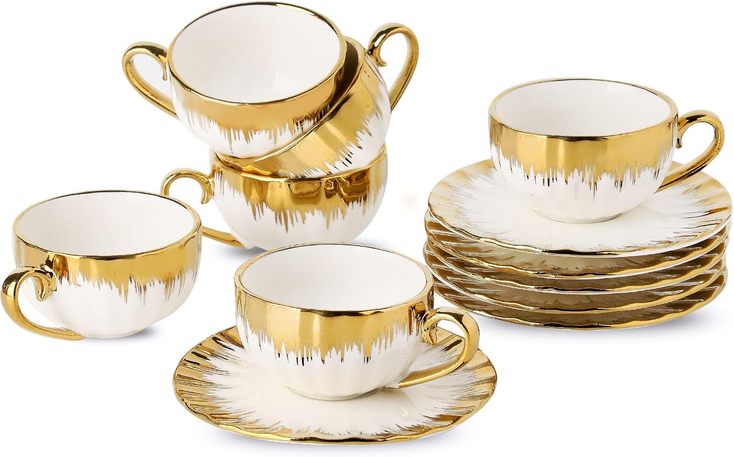 Porcelain Cappuccino Cups and Saucers with Gold Rim, Set of 6, 7 oz