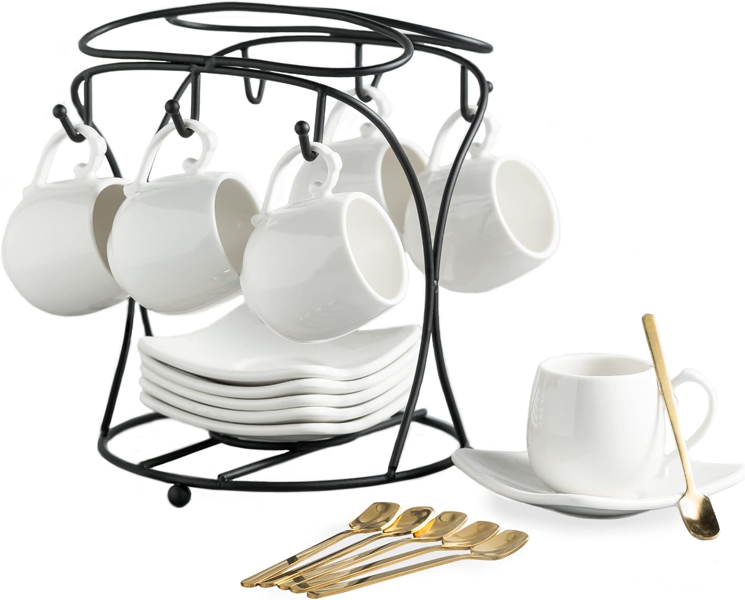 Porcelain Espresso Cups with Saucers, Spoons and Metal Stand, Set of 6, 3 oz
