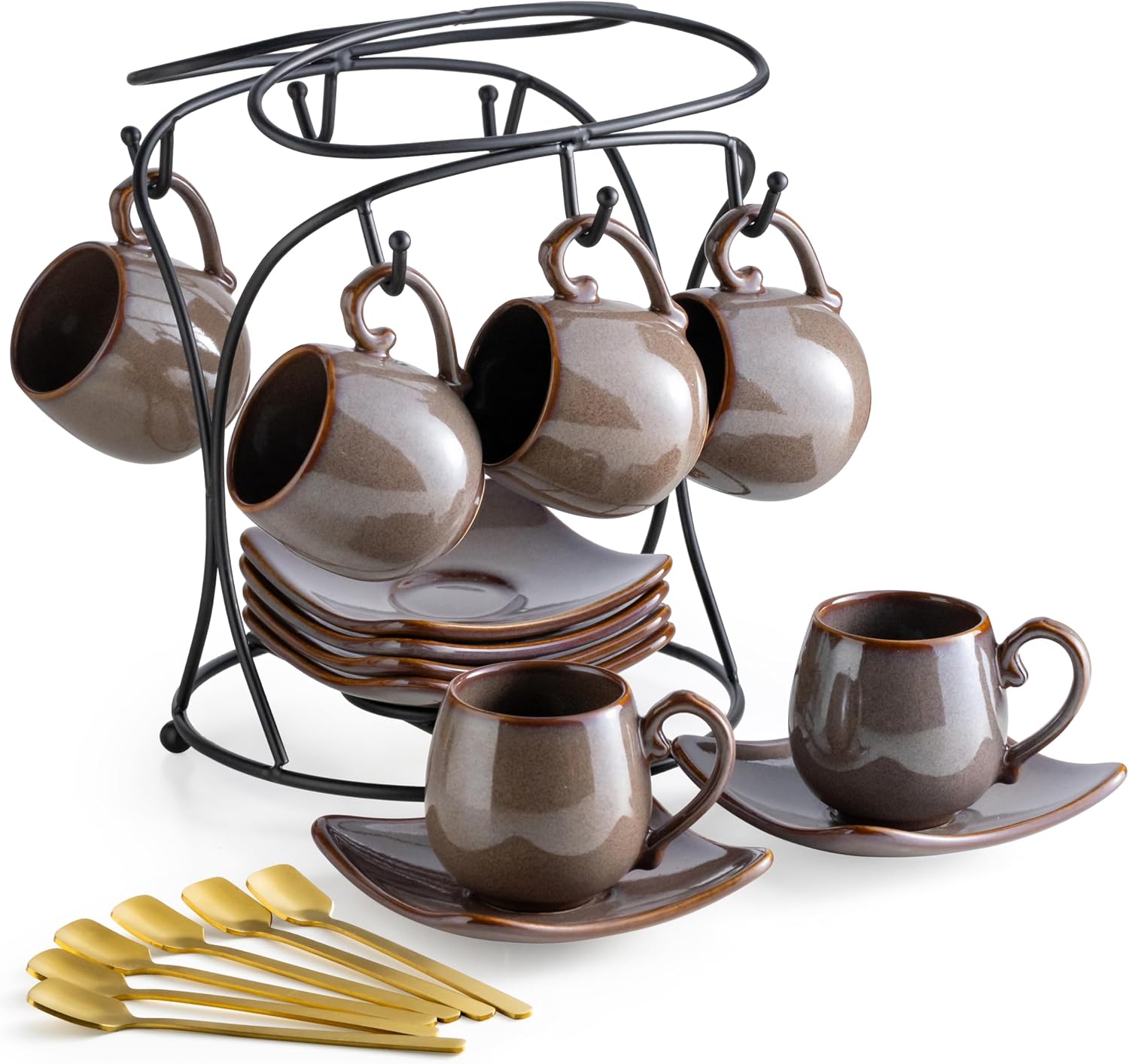 Porcelain Espresso Cups with Saucers, Spoons and Metal Stand, Set of 6, 3 oz