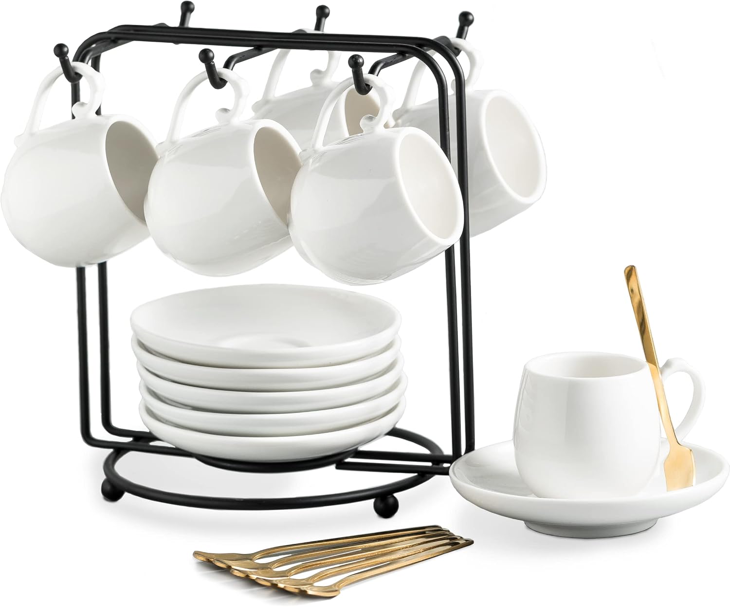 Porcelain Espresso Cups with Saucers, Spoons and Metal Stand, Set of 6, 3 oz