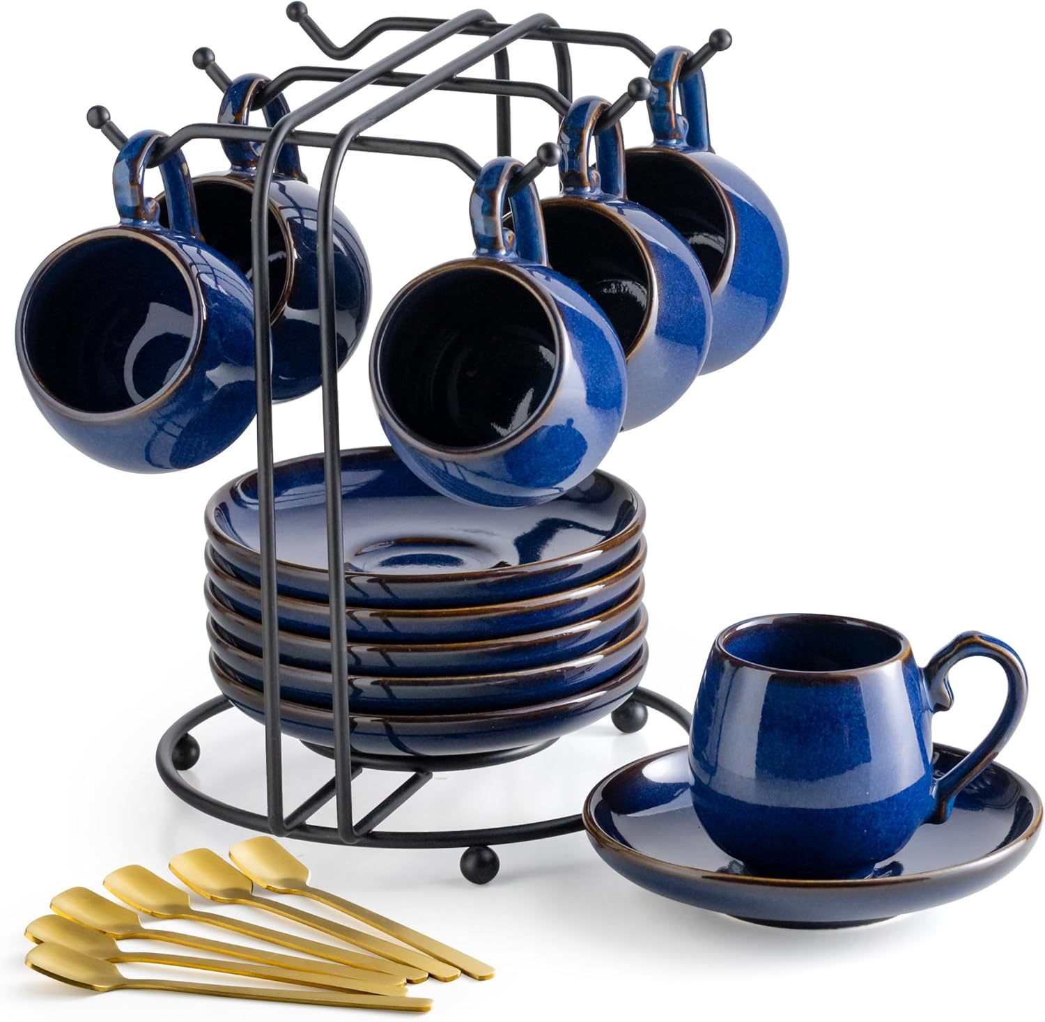 Porcelain Espresso Cups with Saucers, Spoons and Metal Stand, Set of 6, 3 oz