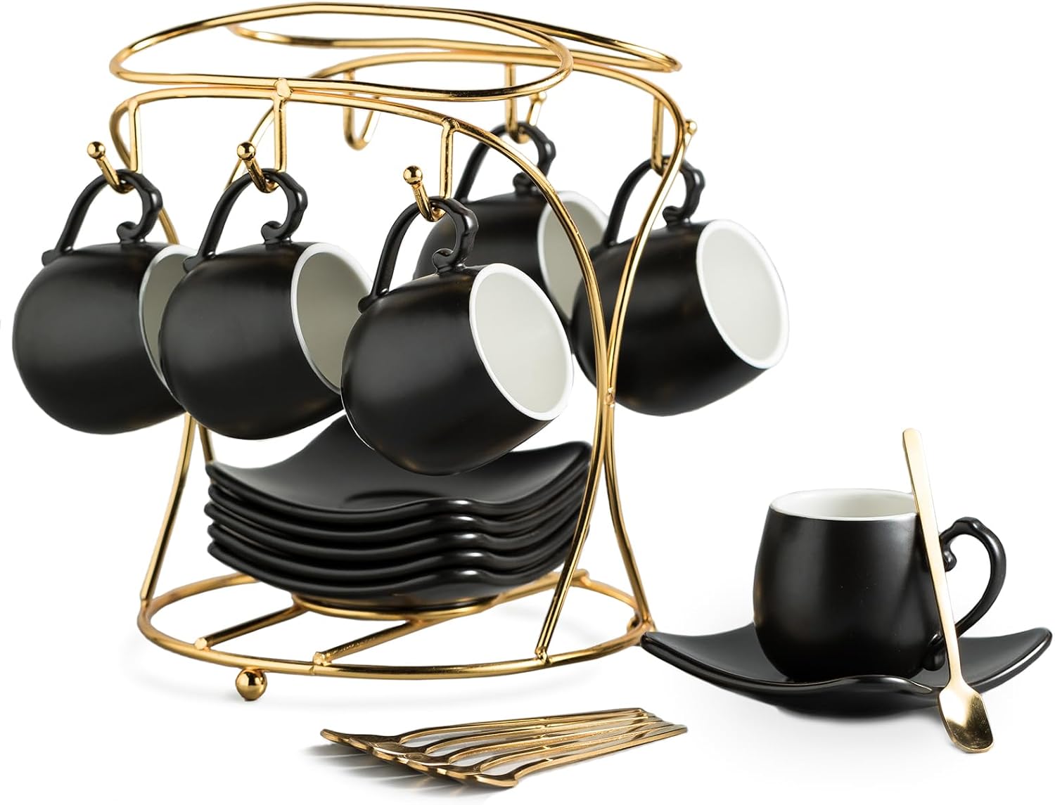 Porcelain Espresso Cups with Saucers, Spoons and Metal Stand, Set of 6, 3 oz