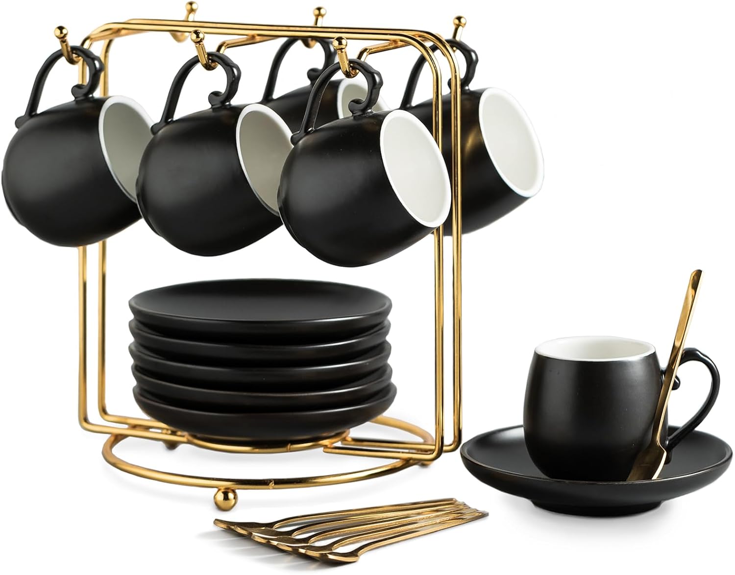 Porcelain Espresso Cups with Saucers, Spoons and Metal Stand, Set of 6, 3 oz