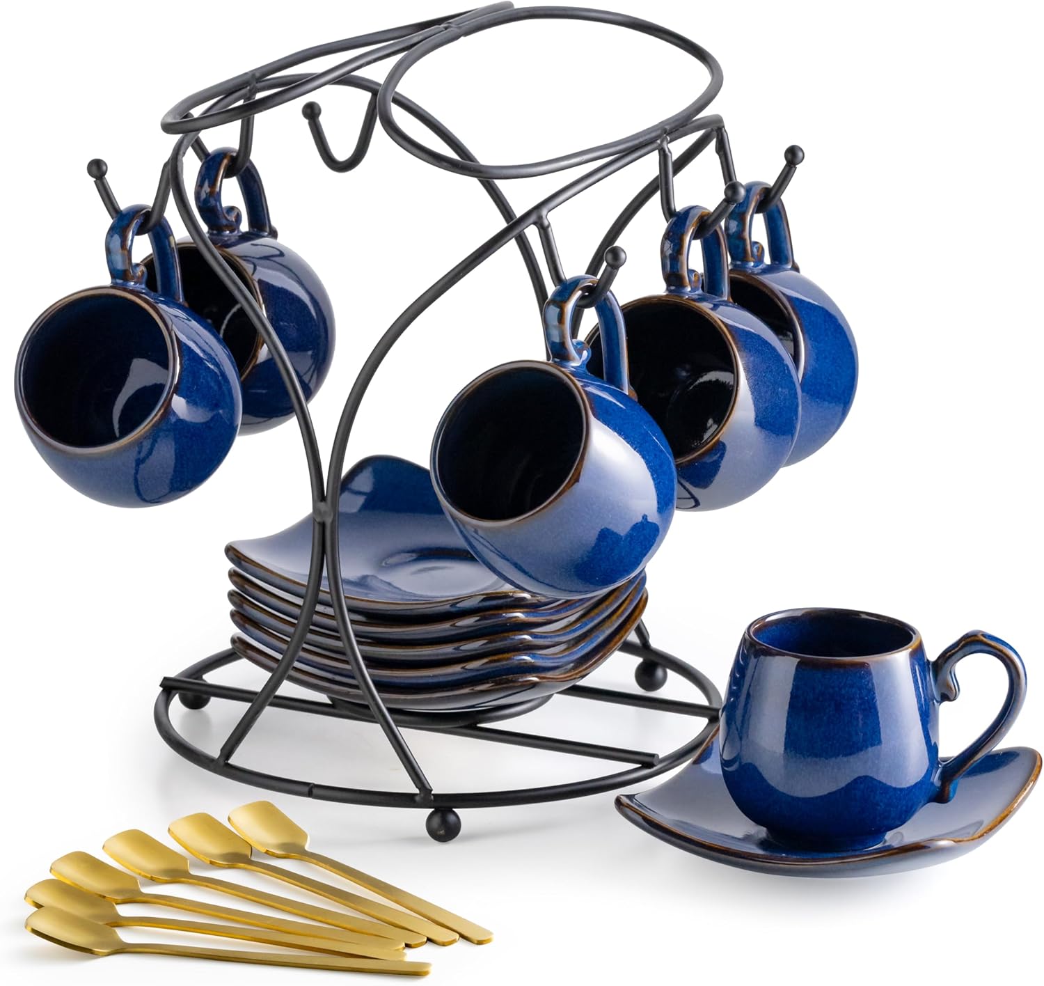 Porcelain Espresso Cups with Saucers, Spoons and Metal Stand, Set of 6, 3 oz