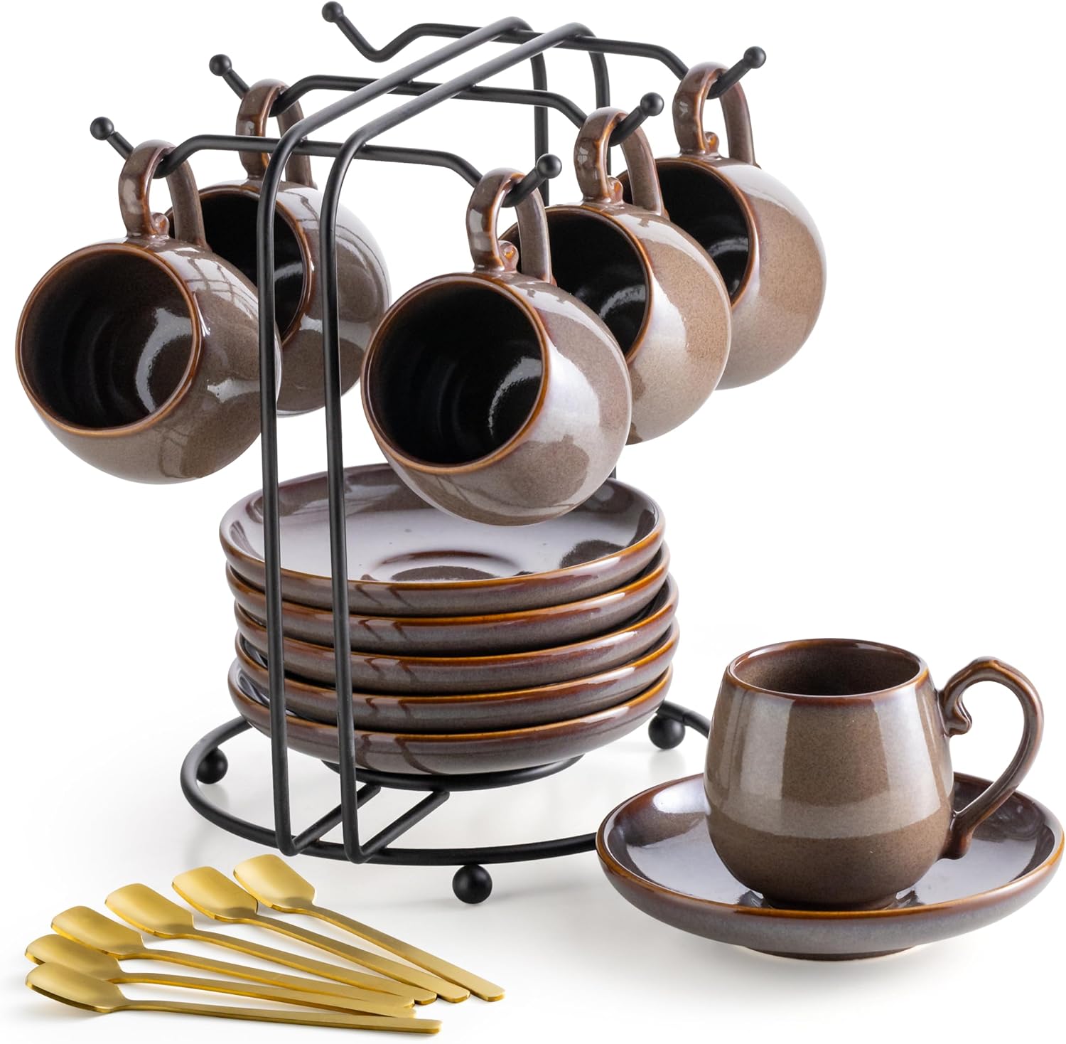 Porcelain Espresso Cups with Saucers, Spoons and Metal Stand, Set of 6, 3 oz