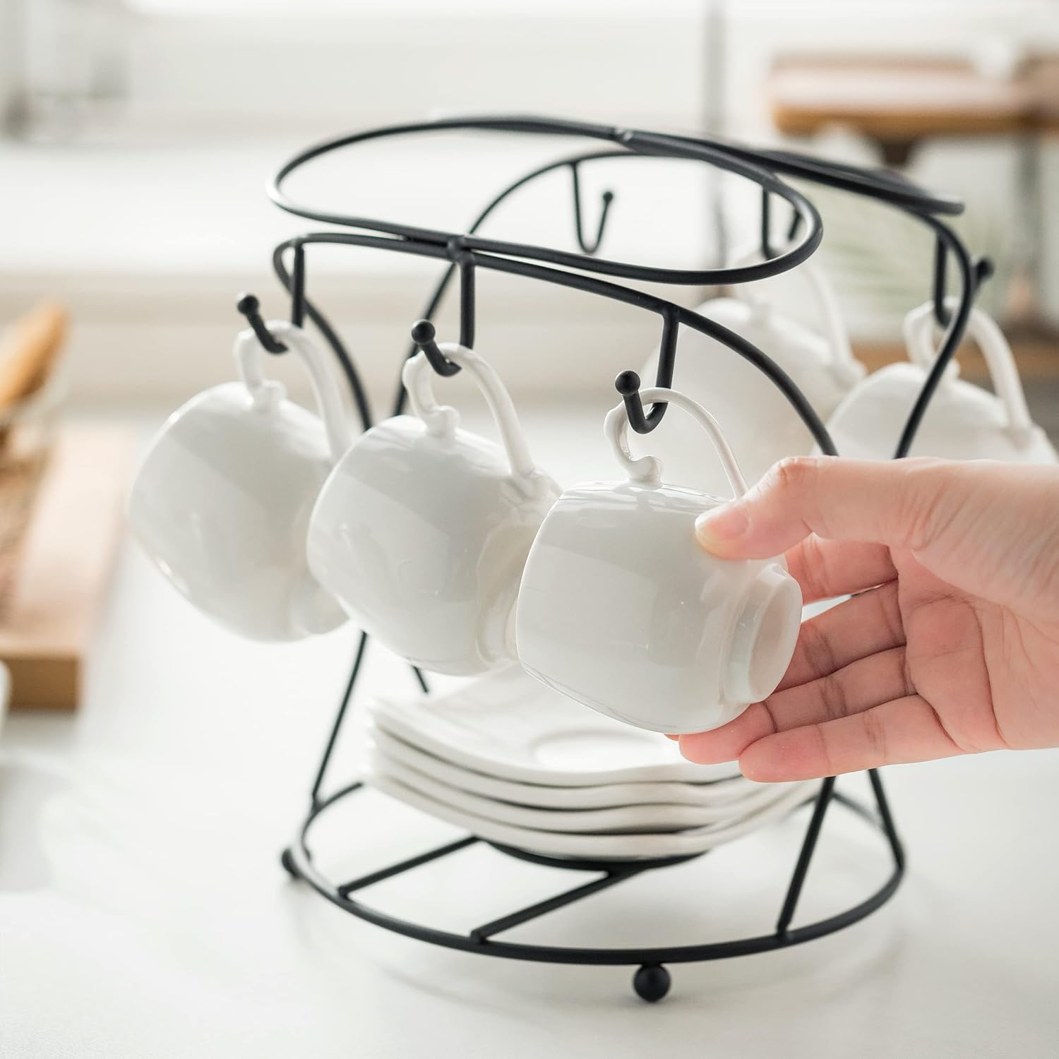Porcelain Espresso Cups with Saucers, Spoons and Metal Stand, Set of 6, 3 oz